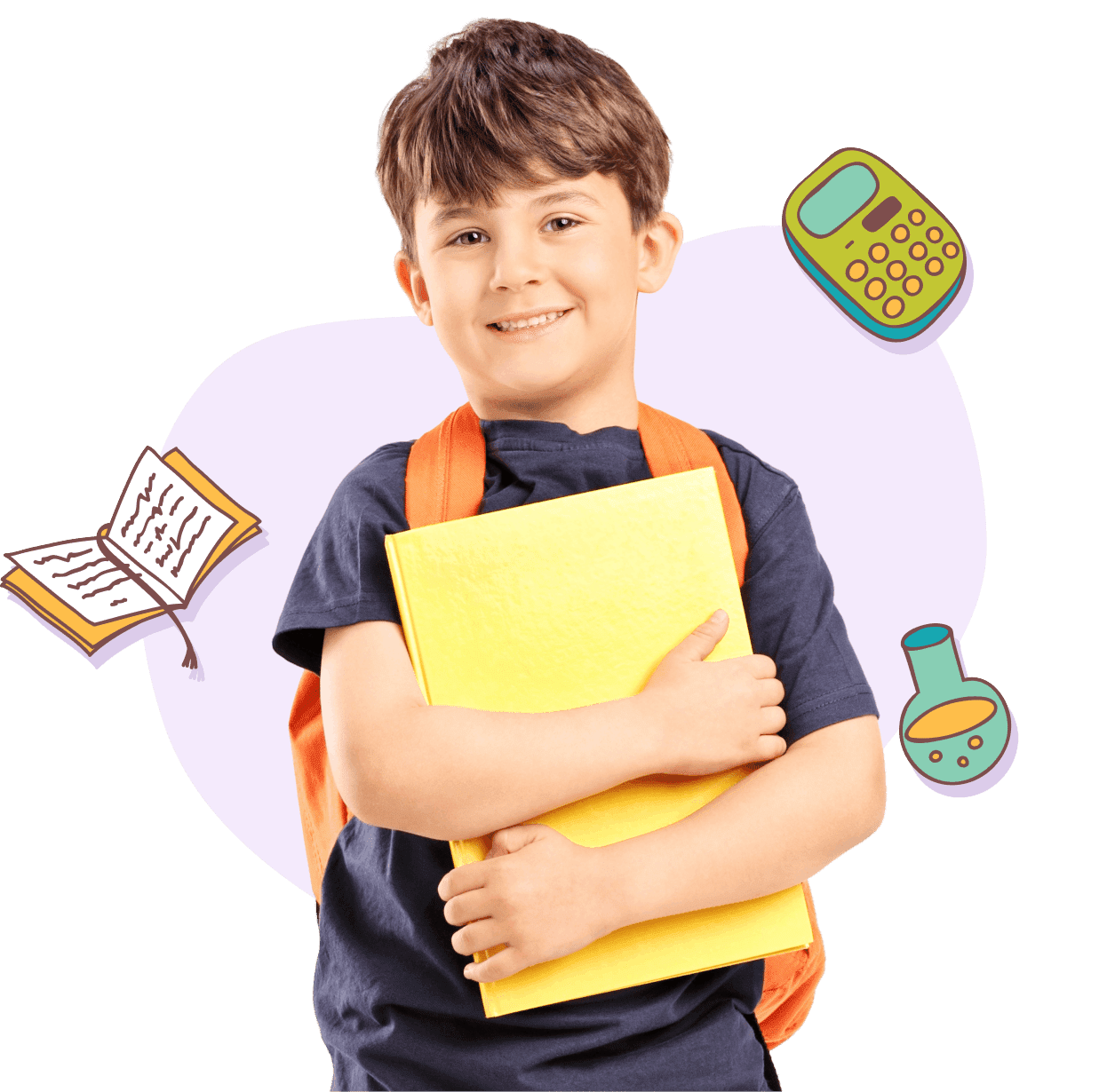 Smiling boy holding yellow folder with school icons around.