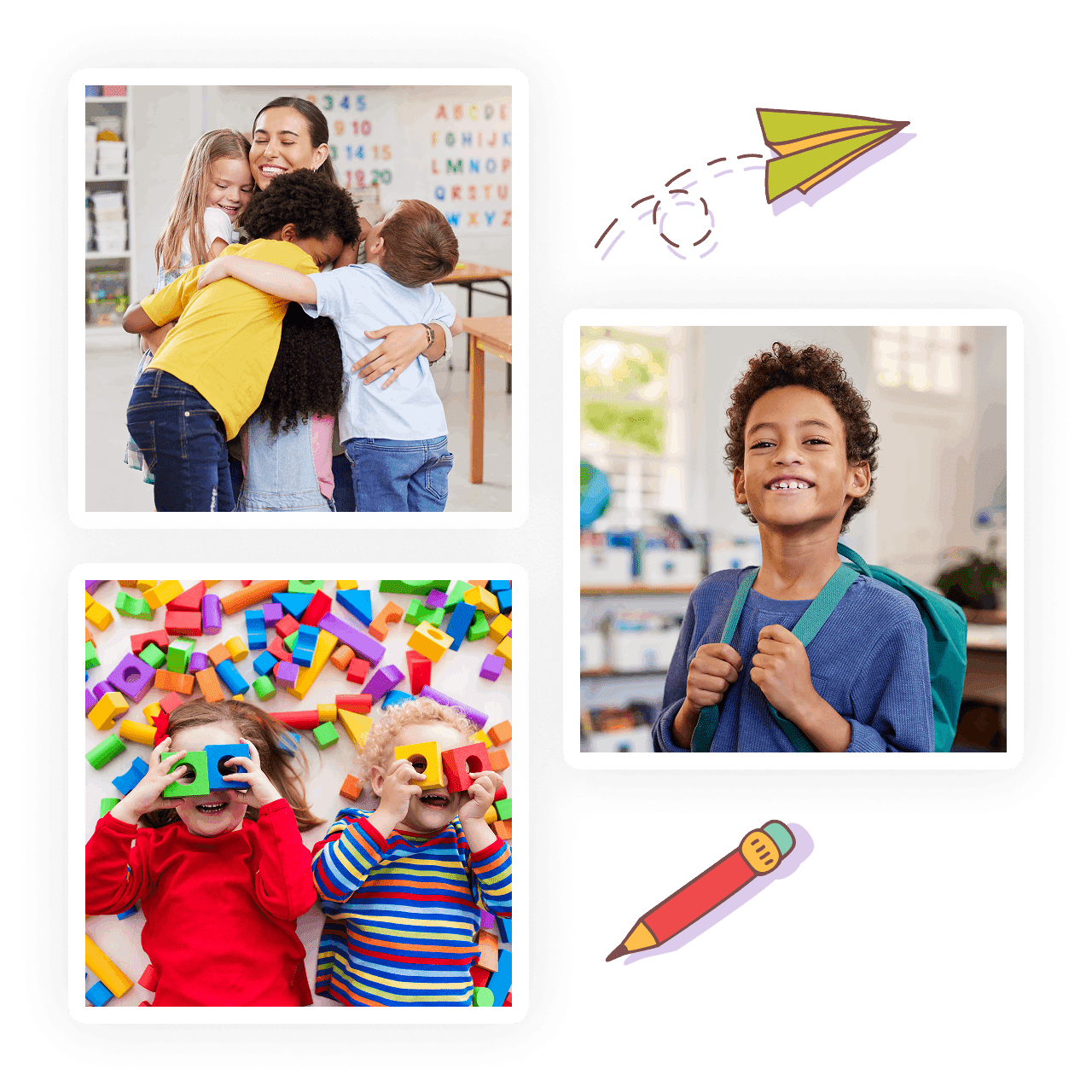 Children enjoying playful moments with friends and colorful toys.