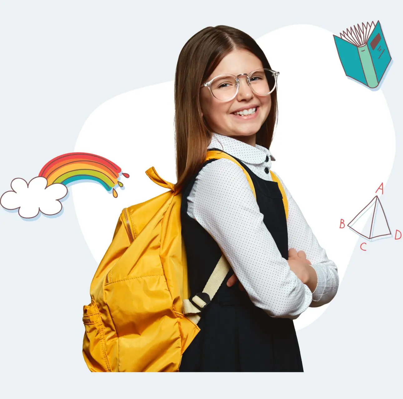 Smiling student with yellow backpack and glasses posing confidently.