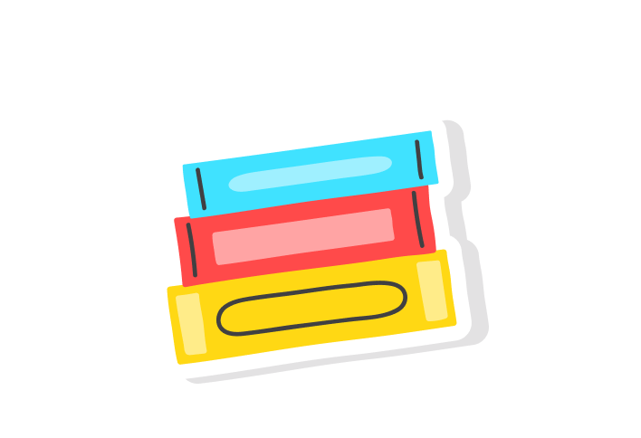 Stack of three colorful books with a curved shadow.