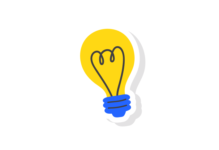 A simple illustration of a glowing yellow light bulb with a blue base.